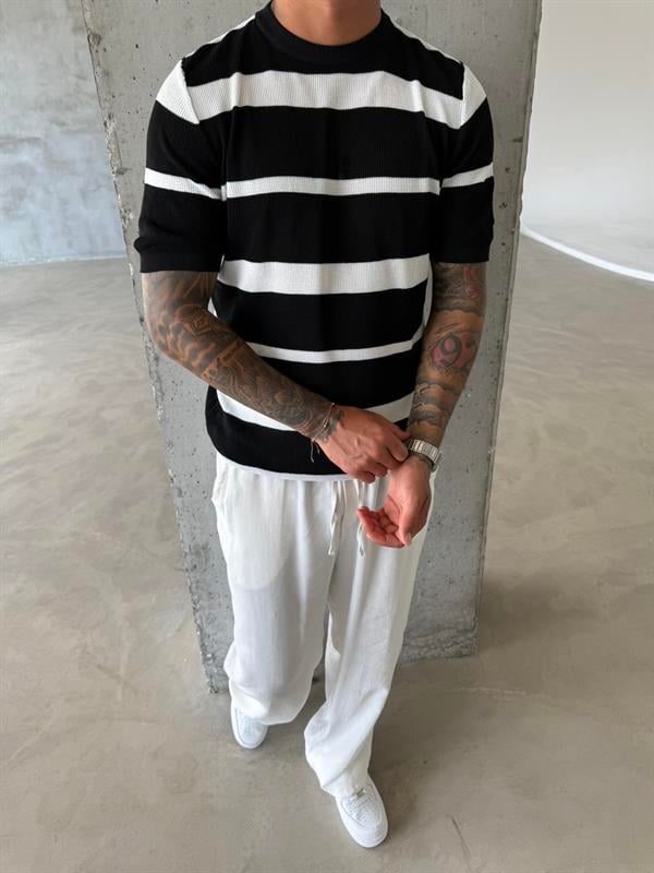 Old Money Regular Cizgili T-Shirt - Siyah