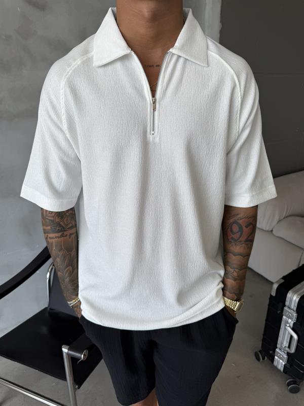 Old Money Yarım Fermuar T-Shirt - Beyaz