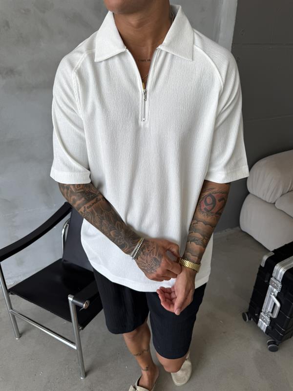 Old Money Yarım Fermuar T-Shirt - Beyaz