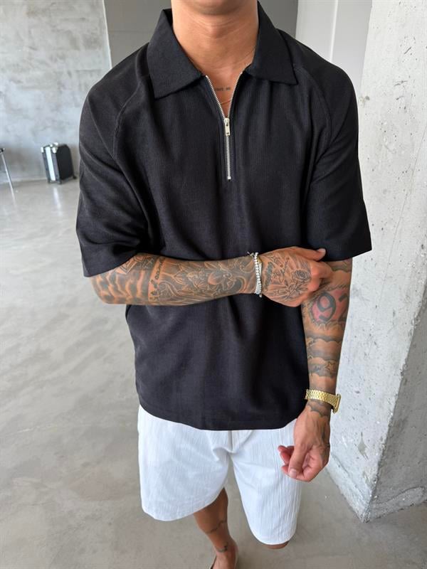 Old Money Yarım Fermuar T-Shirt - Siyah