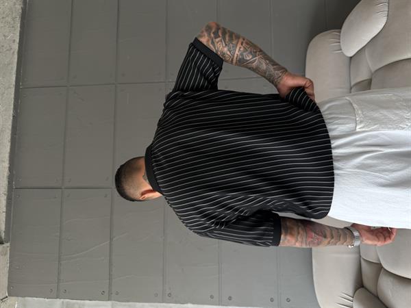 Old Money Yarım Pat Polo Yaka Cizgili - Siyah