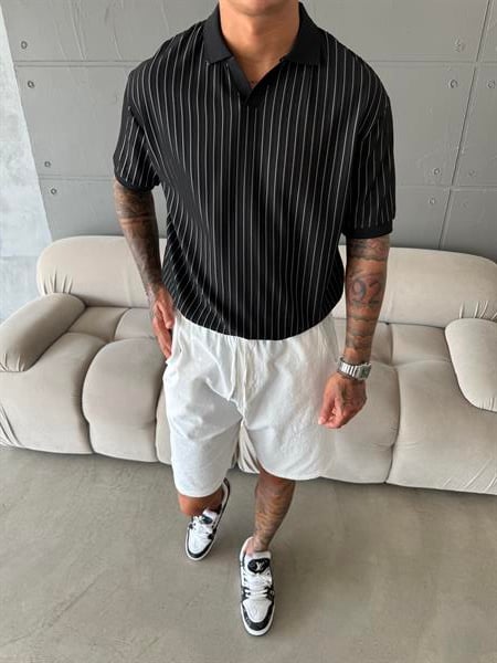 Old Money Yarım Pat Polo Yaka Cizgili - Siyah