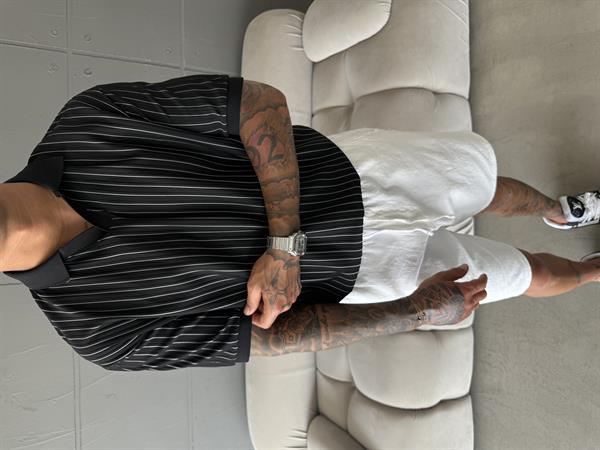 Old Money Yarım Pat Polo Yaka Cizgili - Siyah