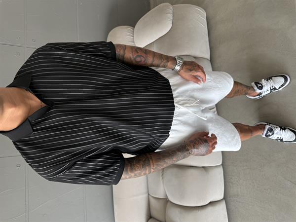 Old Money Yarım Pat Polo Yaka Cizgili - Siyah