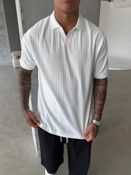 Old Money Yarım Pat Polo Yaka Cizgili - Beyaz