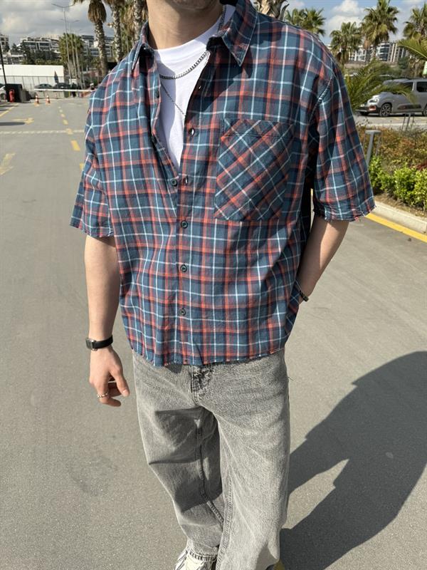Ön Cep Detay Kısa Kollu Ekose Oversize Gömlek - Yeşil
