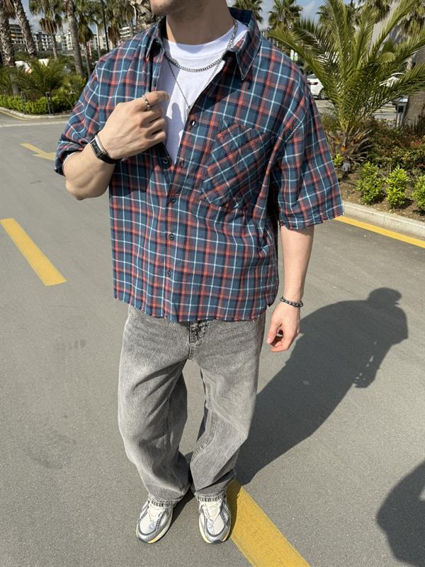 Ön Cep Detay Kısa Kollu Ekose Oversize Gömlek - Yeşil