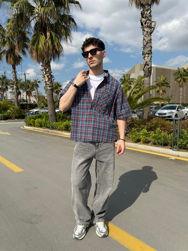 Ön Cep Detay Kısa Kollu Ekose Oversize Gömlek - Yeşil