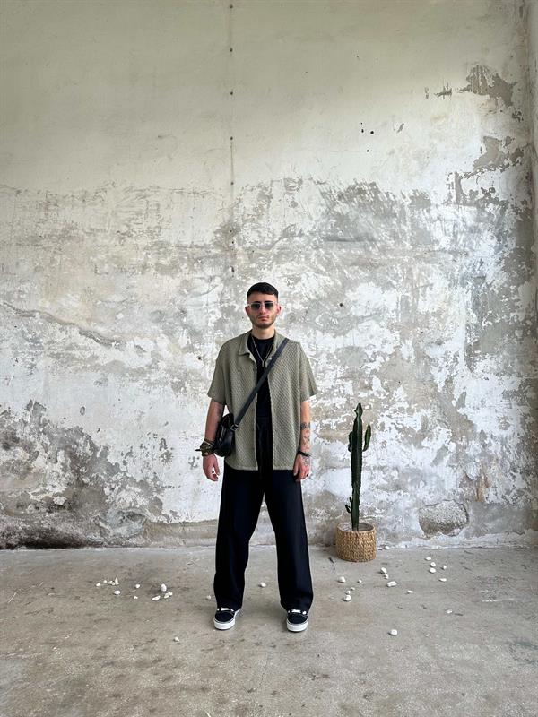 Örgü Yarım Kol Tasarım Gömlek - Haki