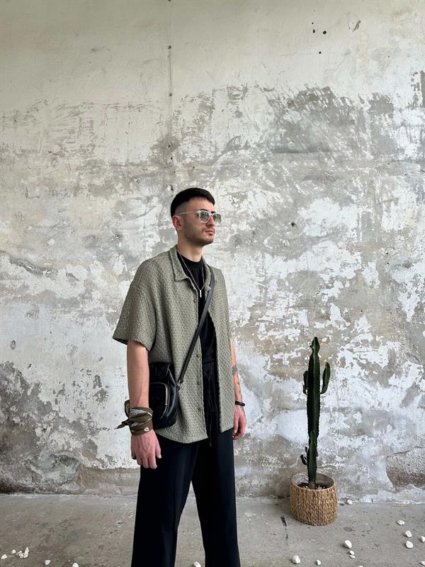 Örgü Yarım Kol Tasarım Gömlek - Haki