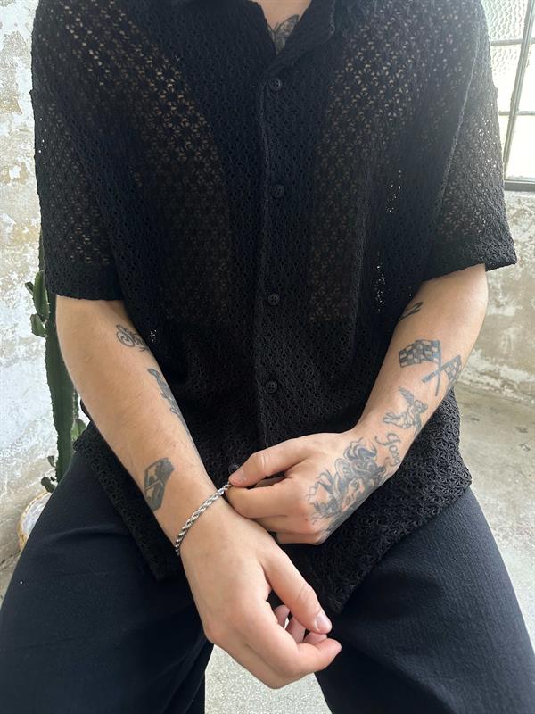 Örgü Yarım Kol Tasarım Gömlek - Siyah