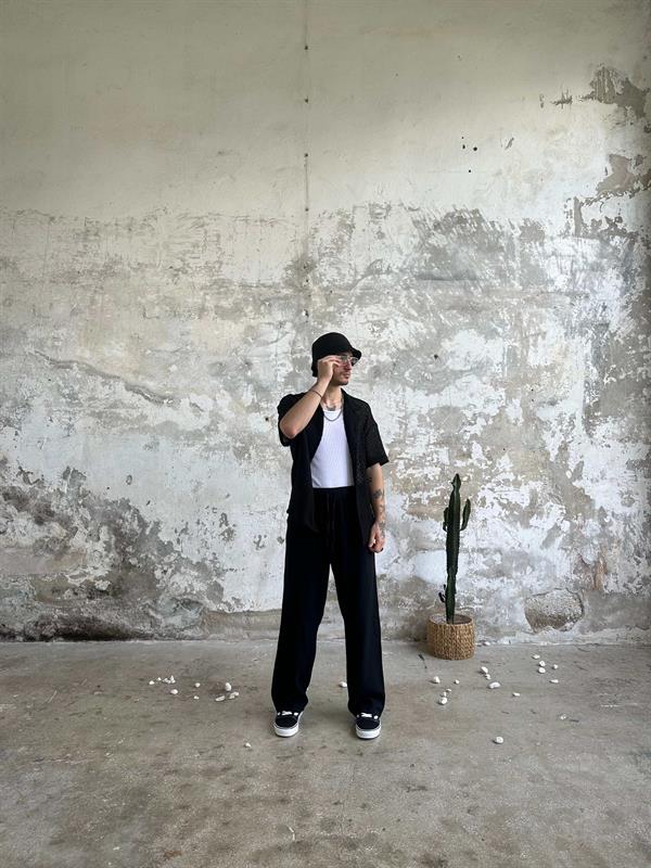 Örgü Yarım Kol Tasarım Gömlek - Siyah