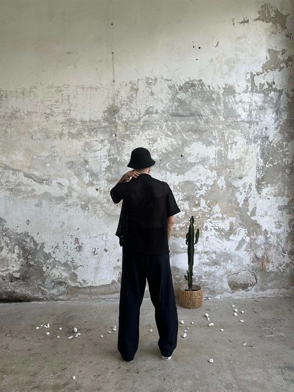 Örgü Yarım Kol Tasarım Gömlek - Siyah