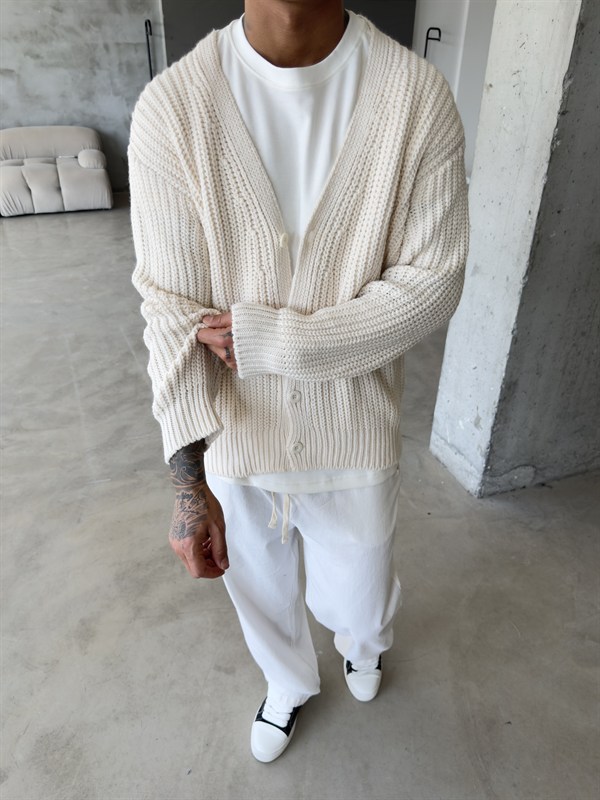 Örme Düğmeli Triko Hıkra - Bej