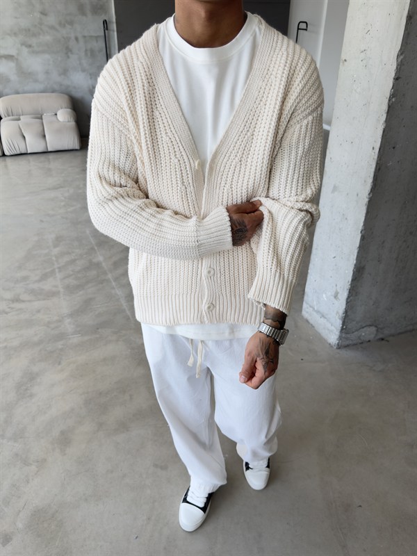 Örme Düğmeli Triko Hıkra - Bej