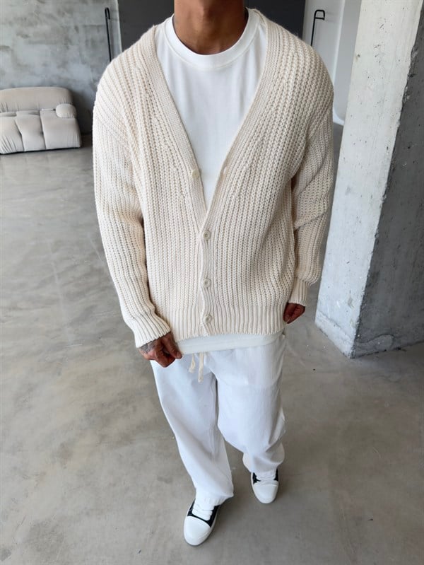 Örme Düğmeli Triko Hıkra - Bej