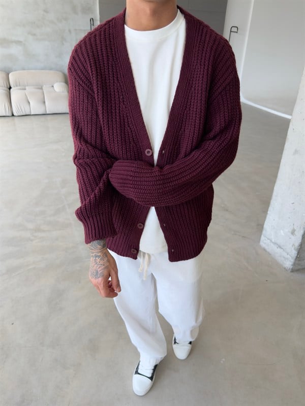 Örme Düğmeli Triko Hıkra - Bordo