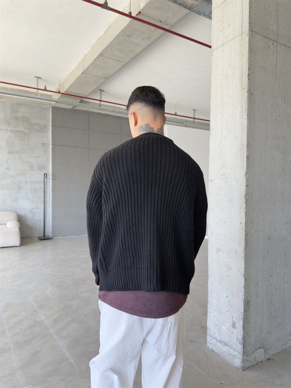 Örme Düğmeli Triko Hıkra - Siyah