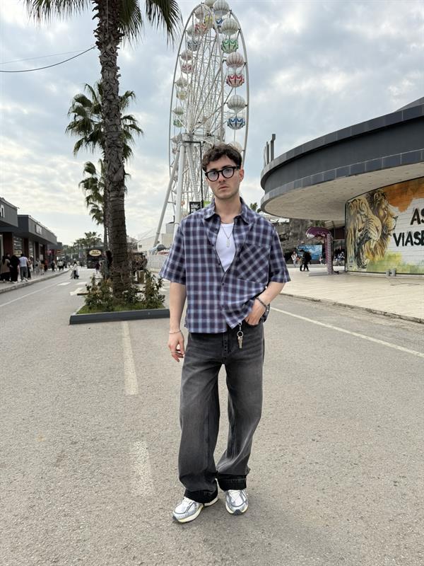 Oversize Ekose Baskılı Gömlek - Mavi