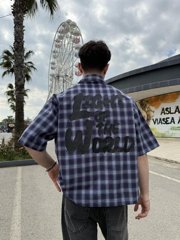 Oversize Ekose Baskılı Gömlek - Mavi