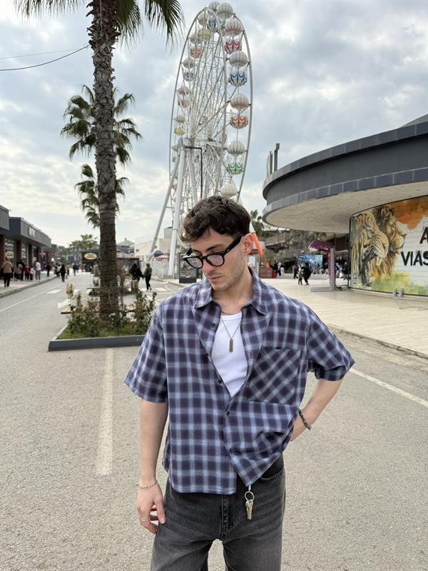 Oversize Ekose Baskılı Gömlek - Mavi