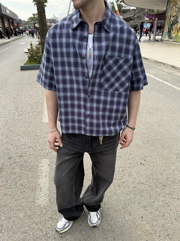 Oversize Ekose Baskılı Gömlek - Mavi