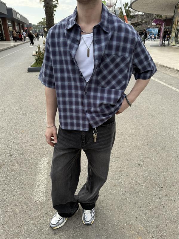 Oversize Ekose Baskılı Gömlek - Mavi