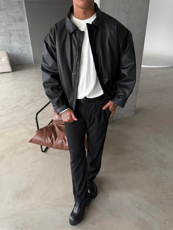 Oversize Fermuarlı ve Çıtçıtlı Deri Ceket