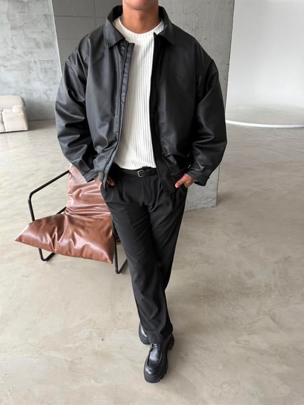 Oversize Fermuarlı ve Çıtçıtlı Deri Ceket