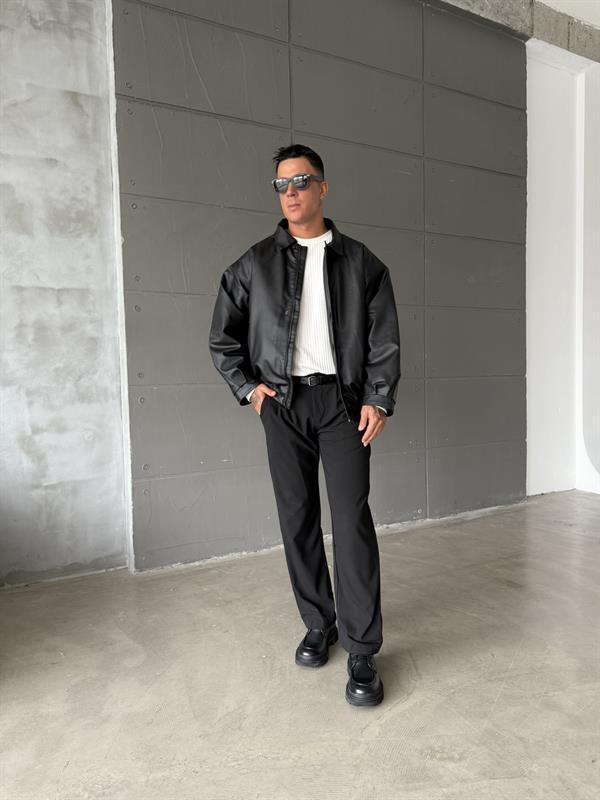 Oversize Fermuarlı ve Çıtçıtlı Deri Ceket