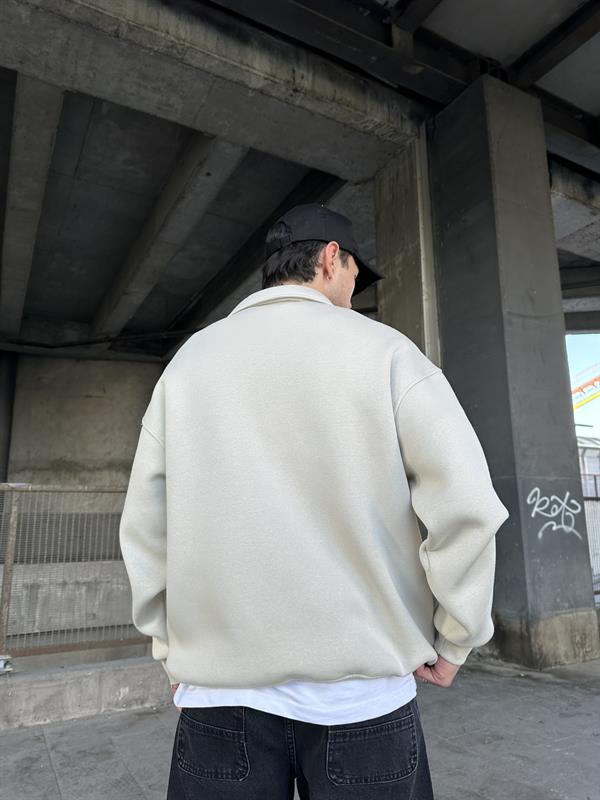 Oversize Yarım Fermuarlı Young Atelier Baskılı Sweatshirt Taş