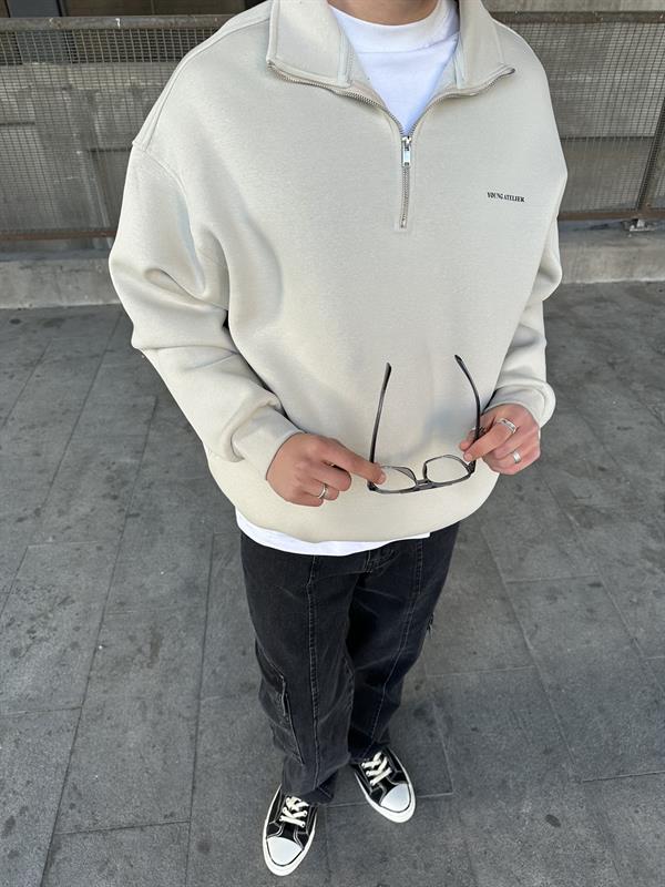 Oversize Yarım Fermuarlı Young Atelier Baskılı Sweatshirt Taş