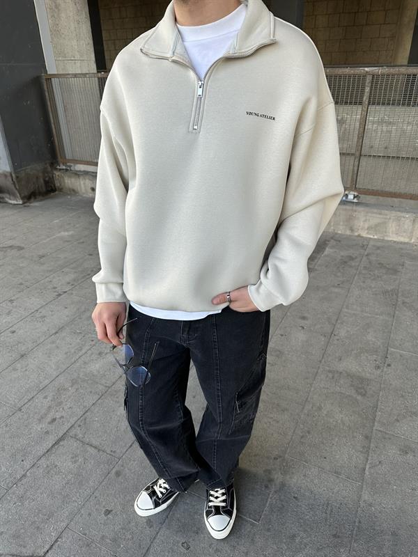 Oversize Yarım Fermuarlı Young Atelier Baskılı Sweatshirt Taş