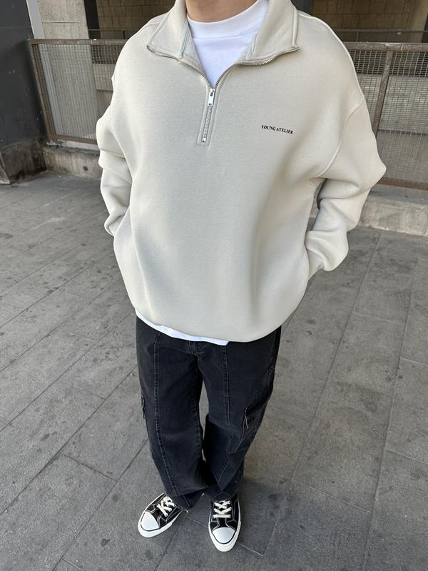 Oversize Yarım Fermuarlı Young Atelier Baskılı Sweatshirt Taş