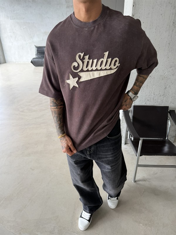 Pacht Detaylı STUDIO Acid Yıkama T-Shirt - Kahve