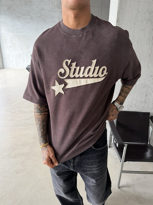 Pacht Detaylı STUDIO Acid Yıkama T-Shirt - Kahve