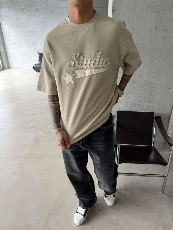 Pacht Detaylı STUDIO Acid Yıkama T-Shirt - Bej