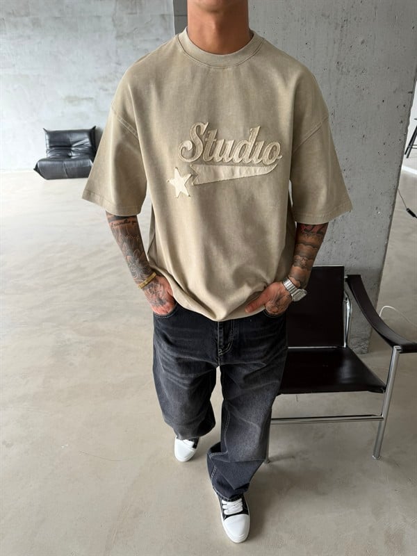 Pacht Detaylı STUDIO Acid Yıkama T-Shirt - Bej