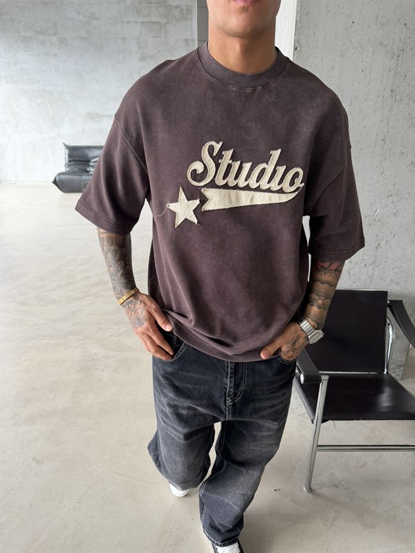 Pacht Detaylı STUDIO Acid Yıkama T-Shirt - Kahve