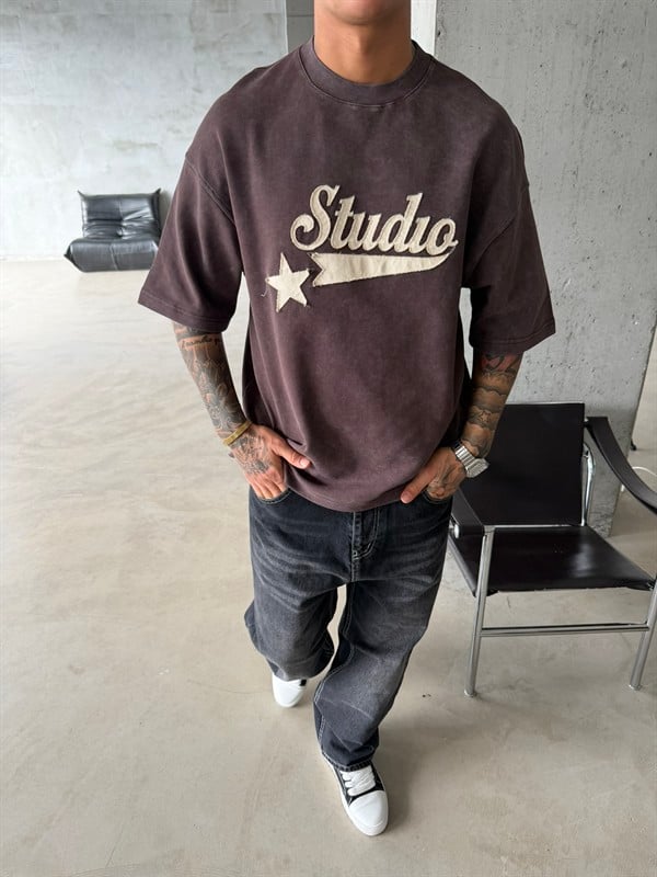 Pacht Detaylı STUDIO Acid Yıkama T-Shirt - Kahve