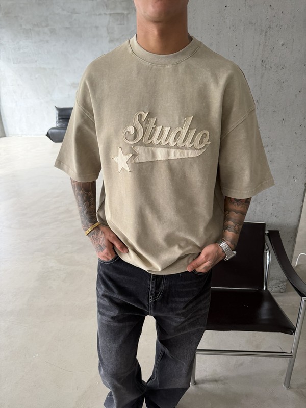Pacht Detaylı STUDIO Acid Yıkama T-Shirt - Bej