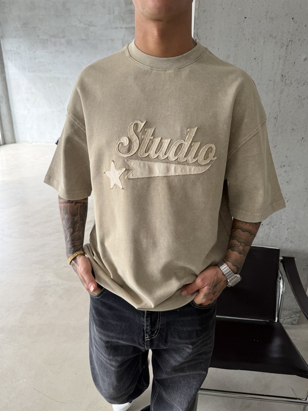 Pacht Detaylı STUDIO Acid Yıkama T-Shirt - Bej