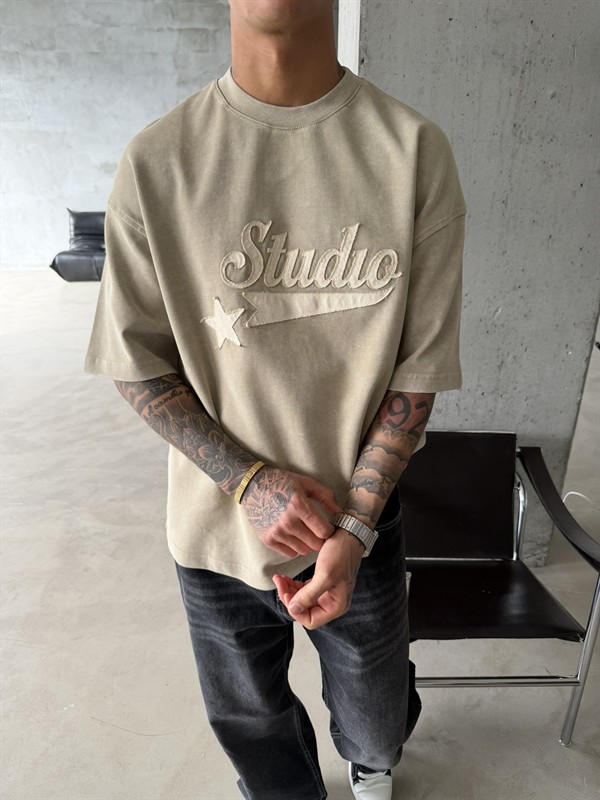 Pacht Detaylı STUDIO Acid Yıkama T-Shirt - Bej