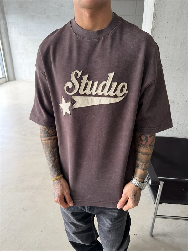 Pacht Detaylı STUDIO Acid Yıkama T-Shirt - Kahve
