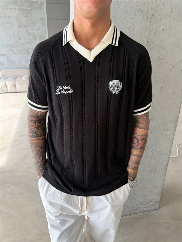 Pat Yaka Nakışlı Triko T-Shirt - Siyah
