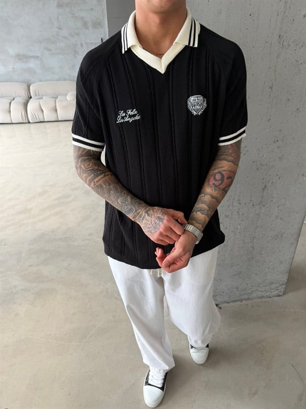 Pat Yaka Nakışlı Triko T-Shirt - Siyah