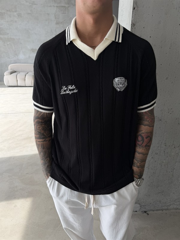 Pat Yaka Nakışlı Triko T-Shirt - Siyah