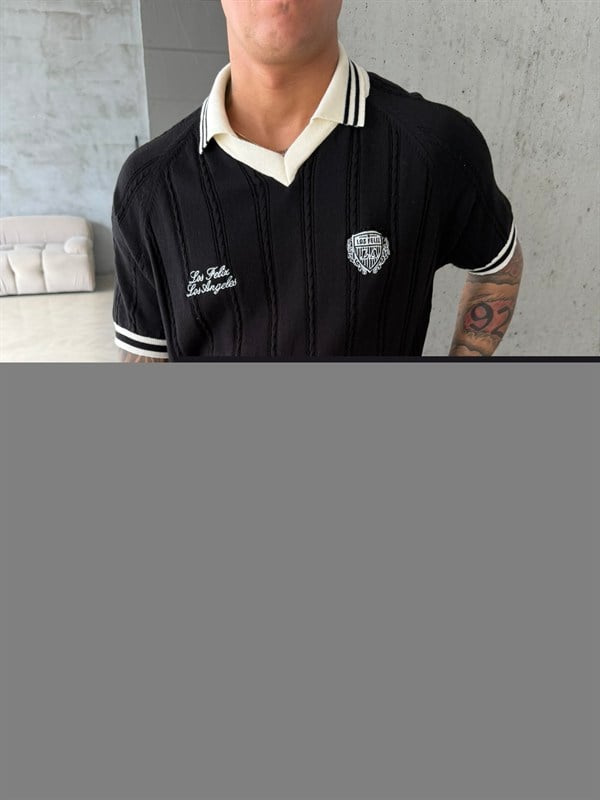 Pat Yaka Nakışlı Triko T-Shirt - Siyah