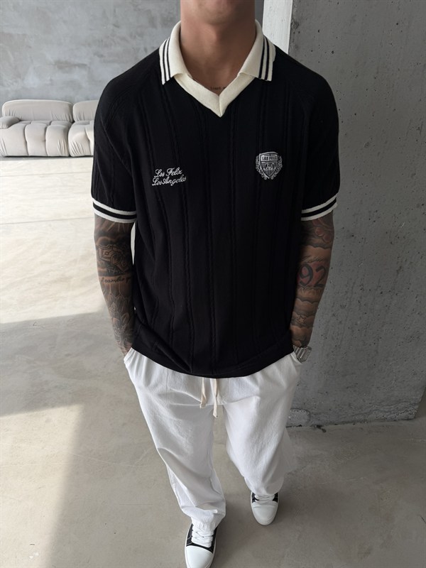 Pat Yaka Nakışlı Triko T-Shirt - Siyah