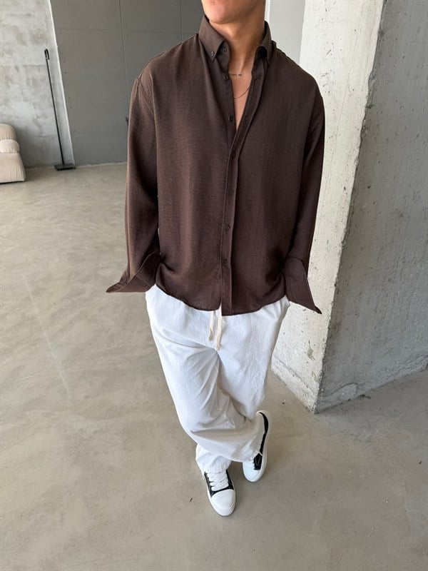 Pera Keten Basic Gömlek - Kahve